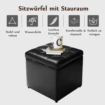 Produktbild von Sitzhocker mit Stauraum, Sitzwürfel aus Holz & Kunstleder, Sitzbox, Aufbewahrungsbox, Sitzbank mit Tragfähigkeit bis 300kg (Schwarz)