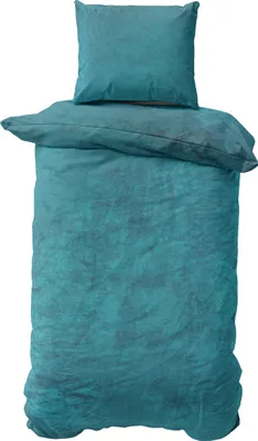 A teal colored duvet and pillow set is displayed against a white background.