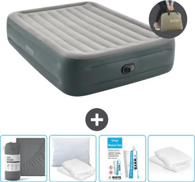 Produktbild von Intex Luftbett - 2 Personen - 152 x 203 x 46 cm - Grau - Inklusive Pumpe - Spannbettuch - Küssen - Reperaturset en Kissenschutz