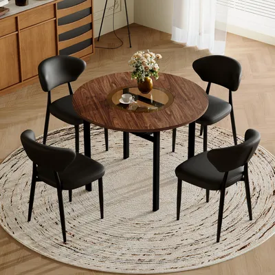 Produktbild von Tisch-Stuhl-Set, runder Glastisch + 4 schwarze PolyurethanSessel mit gebogener Rückenlehne