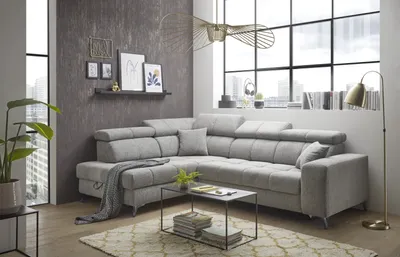 Produktbild von Ecksofa >SYDNEY< Elektrische Sitztiefenverstellung, 5 verstellbare Kopfstützen, Bettkasten, Bezugsstoff "taupe" - 282x105x198 (BxHxT)