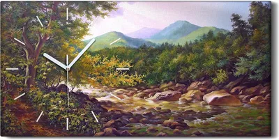 Produktbild von Wohnzimmer-Bild Leinwand Uhr 60x30 Malerei Wald Bäume Fluss Steine Berg Kunst - weiße Hände