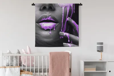 Produktbild von MuchoWow® Wandteppich Wandbehang Lippen - Schwarz - Lila 90x90 cm Tapisserie Dekoration Wandtuch - Wandaufhänger