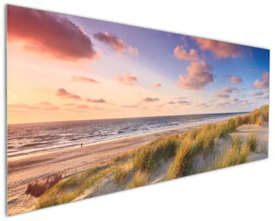 Produktbild von Wallario Küchenrückwand aus Glas, Größe: 125 x 50 cm, Motiv: Abendspaziergang am Strand - Sonnenuntergang über dem Meer | Spritzschutz | abwischbar | pflegeleicht | in