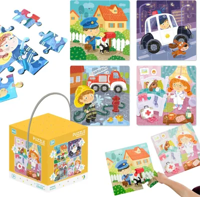 Productafbeelding van 4-in-1 Puzzel: Mijn beroepen - Postbode, arts, politieagent, brandweerman - Leerpuzzels voor kinderen