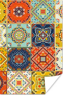 Produktbild von MuchoWow® Poster Vintage - Blumen - Muster - Weiß - Orange 60x90 cm - Wanddekoration