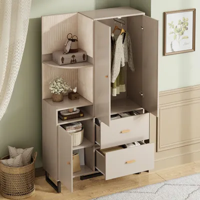 Image de OKWISH Ensemble Vestiaire D’Entrée Avec Panneau Rembourré - Meuble À Chaussures Et Étagères En MDF - 110x38x186 cm - Beige+Gris