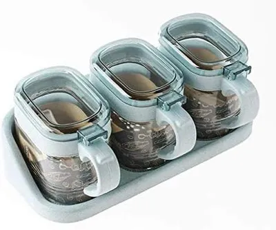 Imagen del producto de Conjunto de especieros – Frascos de vidrio transparentes con tapa y cuchara, recipiente para especias con bandeja, diseño de cuatro compartimentos