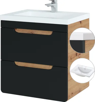 Produktbild von Waschtischunterschrank 61 cm mit Keramik-Waschtisch NEW-LUTON seidenmatt anthrazit mit Wotan Eiche Nb. B/H/T ca. 61/63/46 cm