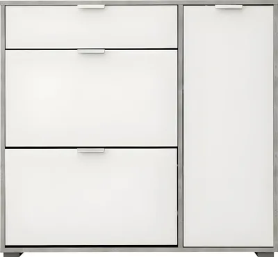 Produktbild von Schuhschrank Schuhkipper mit 1 Tür, 2 Ablagen & 1 Schublade - Weiß/Beton-Optik - ARIETTA