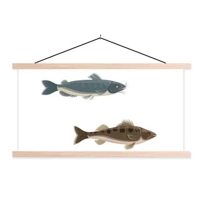 Produktbild von MuchoWow® Textilposter Eine Illustration von sechs farbigen Fischen 120x60 cm mit holzfarbenen Rahmen - Klemmleiste