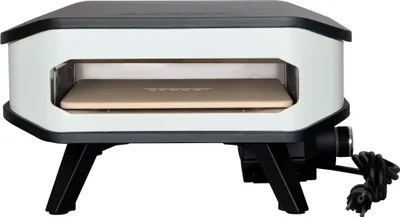 A white and black electric pizza oven with a pizza stone inside, shown from the side on a white background.