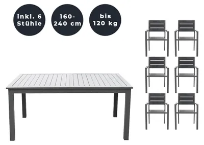 Produktbild von HOME DELUXE - Gartentisch ausziehbar - CASA - ca. 160 (240) x 100 x 74 cm - inkl. 6 Stühlen, Gestell und Tischplatte Aluminium - inkl. Zubehör I Gartenmöbel Ausziehtisch Balkonset