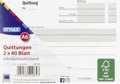 Produktbild von Stylex 40084 Quittungen, DIN A6, 2 x 40 Blatt selbstdurchschreibend
