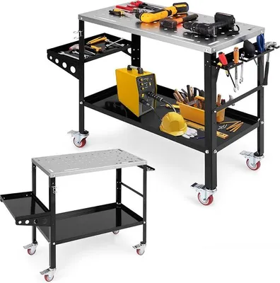 Imagen del producto de Mesa de soldadura móvil, 92 x 46 cm, banco de soldadura de acero con capacidad de carga de hasta 540 kg, mesa de montaje con sistema de orificios, carro de mesa de trabajo con ranuras para herramientas y soportes para boquillas de soldadura