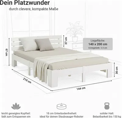 Produktbild von Homestyle4u Holzbett 140x200 mit Lattenrost mit Matratze mit Standard 100 Weiß Holz Kiefer Bettgestell Futonbett Doppelbett