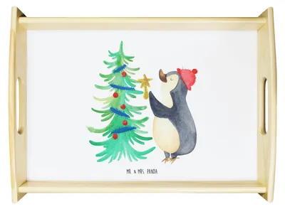Produktbild von Mr. & Mrs. Panda tablett aus holz Pinguin Weihnachtsbaum - Weiß - Geschenk, Servier, Weihnachten, serviertablett, betttablett, sofatablett, ablagetablett, Winter