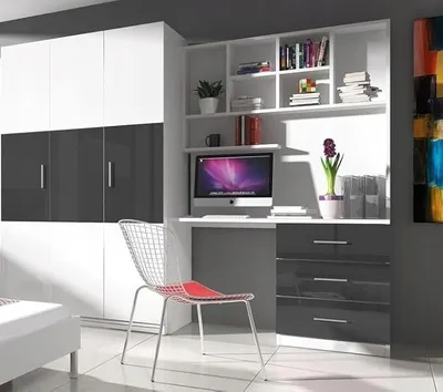 Produktbild von Jugendmöbel TOMI 3 Schrank/Regal mit Schreibtisch Kindermöbel Hochglanz Jugendzimmer (Weiß / Grau)