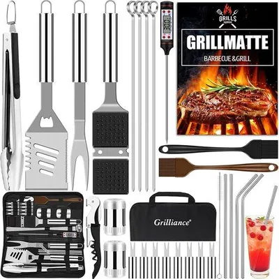 Produktbild von Unyqoos® 30‑teiliges Grillbesteck‑Set aus Edelstahl – komplettes BBQ‑Grillzubehör mit Fleischthermometer, Grillmatte, Reinigungsbürste & Tragetasche