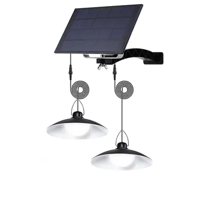 A solar panel with two pendant lights hanging from it, shown against a white background.
