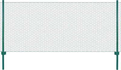 A green wire mesh fence with two green posts on a white background.