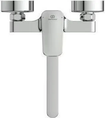 A studio shot of a chrome and white kitchen faucet against a white background.