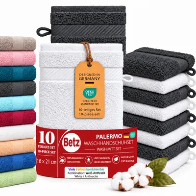 Produktbild von Betz 10 Stück Waschhandschuhe 16x21 cm PALERMO 100% Baumwolle Farbe: weiss / anthrazit