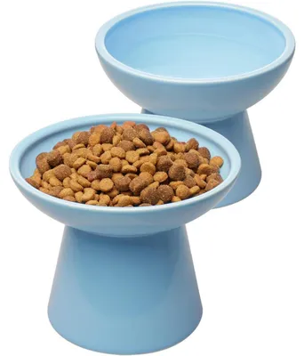 Immagine prodotto di Set di 2 ciotole rialzate in Vetroceramica per cibo per gatti, colore blu, progettate per ridurre il vomito e adatte ai baffi, alte 12,7 cm