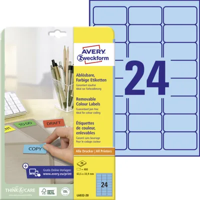 Produktbild von Avery Zweckform L6032-20 Farbige Etiketten, ablösbar, A4, 63,5 x 33,9 mm, 20 Bogen/480 Etiketten, blau