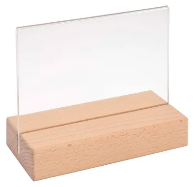 Produktbild von Tischkartenhalter DIN A6 beiseitig Querformat mit Acryl Plakattasche aus unbehandeltem Buchenholz Tischaufsteller Speisekartenhalter