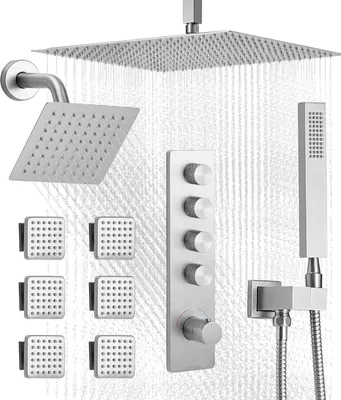 Produktbild von Duschsystem-Set - Regendusche mit Handbrause - 40,6 cm Regenduschkopf - 15,2 cm Wandduschkopf - 6 Körperdüsen - Messingventil mit Verkleidungssatz - Gebürstetes Nickel