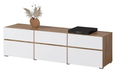 Image de Meuble TV HAVANA – 180 cm – 3 portes abattantes et 3 tiroirs – Chêne et blanc – Design contemporain