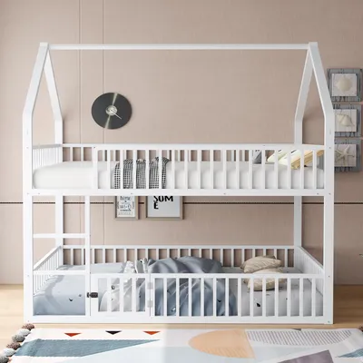 Immagine prodotto di okwish Letto a castello 140×200 Letto per bambini senza materasso, Letto a castello con scale e soppalco design, Letto basso con porta, Letto a castello con parapetto a tutta lunghezza, Bianco