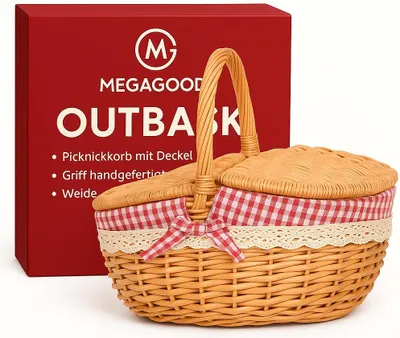 Produktbild von Picknickkorb mit Deckel Griff handgefertigt Weide Outdoor Körbchen DE.