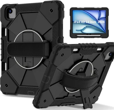Image de Etui pour iPad Air 11 pouces M2 (2024), étui pour tablette avec dragonne et support pivotant à 360° noir