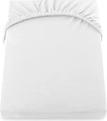 A white fitted sheet is shown laid flat on a white surface.