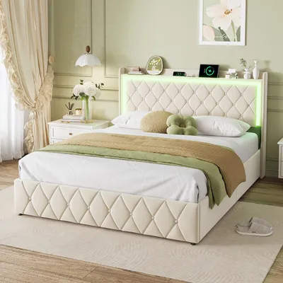 Immagine prodotto di letto 140x200 cm con contenitore, connessione USB e tipo C, letto imbottito con rete a doghe, letto matrimoniale, beige
