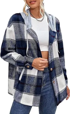Produktbild von ASKSA Damen Karierte Kapuzen Warm Hemdjacke mit Kapuze Langarm Knöpfen Mantel Jacken, Dunkelblau, M