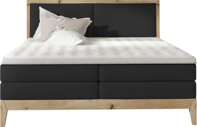 Produktbild von Schlafzimmer Bett Kontinentalbett – IDA Boxspringbett Mit Eiche Massivholz, 7-Zonen-Taschenfederkern, Kaltschaum Topper, Beleuchtung | 160x200 cm | Schwarz