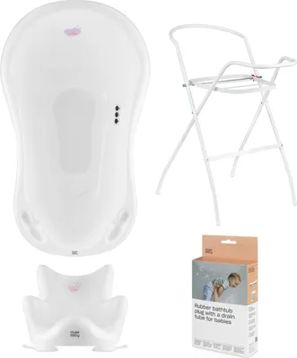 Obrázok produktu pre SET: Detská súprava do vane v bielej farbe: vanička, stojan, odtok a sedadlo - 4-dielna súprava s motívom: Hug Me White