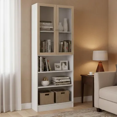 Immagine prodotto di Dmora Libreria Chedeng 28.3x79x203.2h cm Bianco, 2 Ante 3 Ripiani
