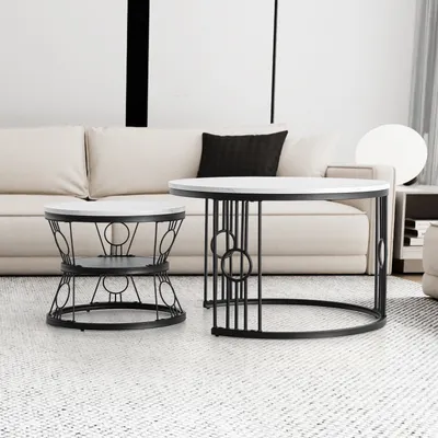 Obrázek produktu pro okwish sada 2 konferenčních stolků, elegantní odkládací a kávové stolky s bílou MDF stolovou deskou, moderní design do obývacího pokoje, bílá & černá