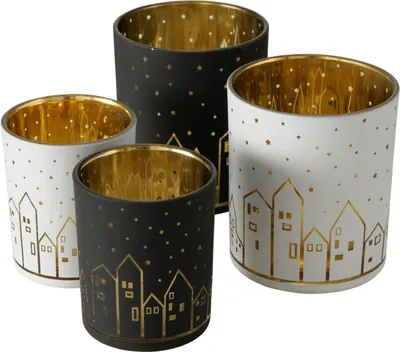 Produktbild von 4tlg Set Windlicht Little Town schwarz weiß Weihnachts-Kerzen Teelicht-Halter