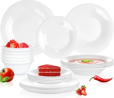 Produktbild von Vilde | Geschirrset - Weiß - 24 Teile - Opalglas - 6 Personen - Tiefe Teller - Flache Teller - Dessertteller - Schälchen