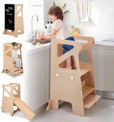 Produktbild von Montessori-Lerntürmchen mit Rutschbahn und verstellbarer Höhe - Kreativtisch und multifunktionaler Lernstuhl für Kinder ab 1 Jahr