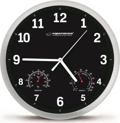 A wall clock with integrated thermometer and hygrometer.