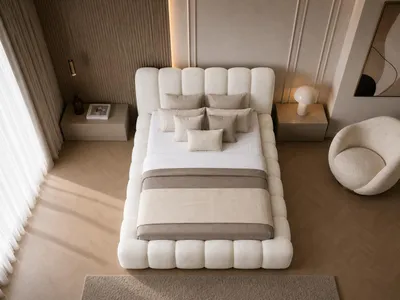 Produktbild von Sofello Modernes Polsterbett 90 - 200x200 mit weicher Steppung BUBI Creme Boucle Teddystoff 200x200 Holzlattenrost Matratze und hochklappbarem Holzlattenrost mit der Funktion Aufheben