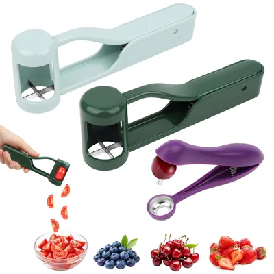 Productafbeelding van Set van 3 stuks: fruitsnijder en pit verwijderaar - RVS keukenaccessoires voor fruit en groenten - 2 druivensnijders en 1 pit verwijderaar