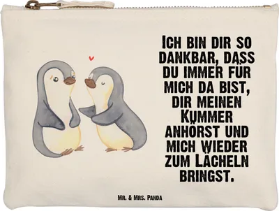 Produktbild von Mr. & Mrs. Panda Kosmetiktasche Pinguine trösten Größe M - Weiß - Geschenk, Federtasche, Kulturbeutel, Hochzeitstag, Valentinstag, Jahrestag, Mitbringsel, für Frauen