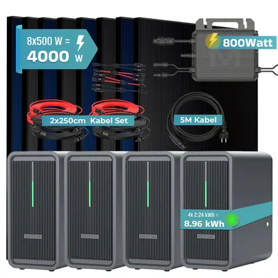 Produktbild von SUNNIVA® 4000W Balkonkraftwerk mit 8,96 kWh Speicher MARSTEK 4x B2500-D, 8x 500W BIFAZIAL FULLBLACK komplett Steckdose, PV Solaranlage + Solarspeicher